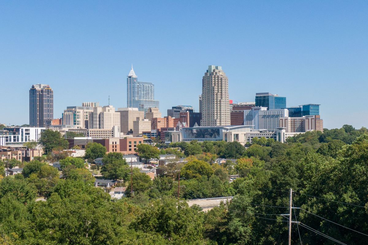 Downtown Raleigh skyline above the tree line